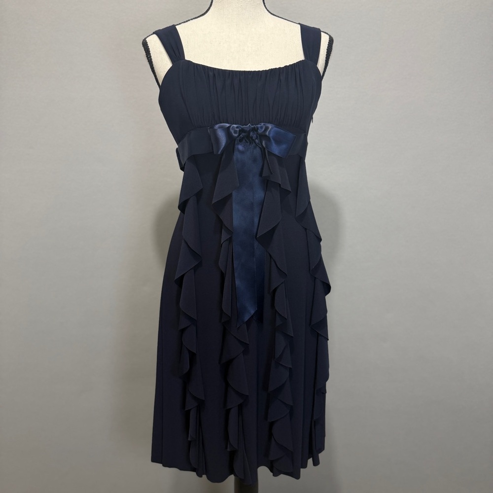 Cache Sleeveless Mini Dress Sz 6 Navy Ruffle Hem Bow Ruched Formal Cocktail Y2K